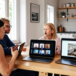 A diverse group of people engaged in a lively but respectful online debate, focusing on screens showing arguments and counter-arguments, with some using laptops in a cozy, modern Swedish home setting, emphasizing active listening and understanding.