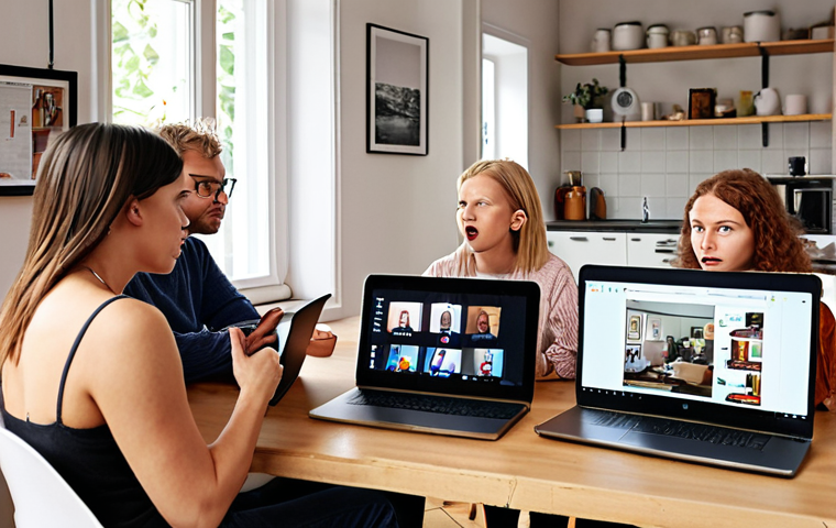 A diverse group of people engaged in a lively but respectful online debate, focusing on screens showing arguments and counter-arguments, with some using laptops in a cozy, modern Swedish home setting, emphasizing active listening and understanding.
