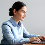 A professional individual, fully clothed in modest business casual attire, seated at a sleek modern desk in a well-lit home office, attentively engaging with a laptop. The atmosphere is calm and focused, with clean lines and soft lighting. The subject has a natural pose, perfect anatomy, correct proportions, well-formed hands, and proper finger count. This image is safe for work, appropriate content, and family-friendly, representing a professional and constructive online interaction.